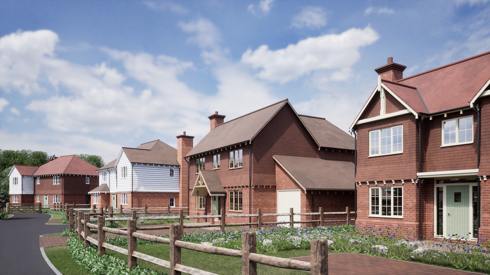 Street of red brick UK terraced houses with tiled roofs